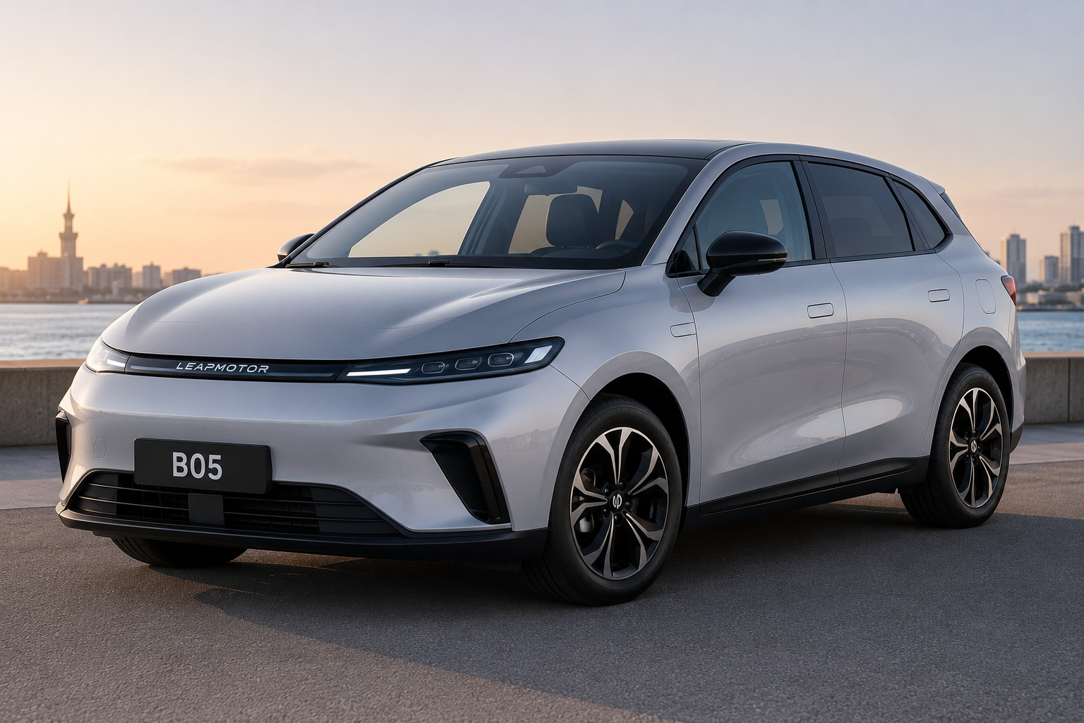 Leapmotor B05 Design ProMax，银色纯电动 SUV，停在傍晚的海滨