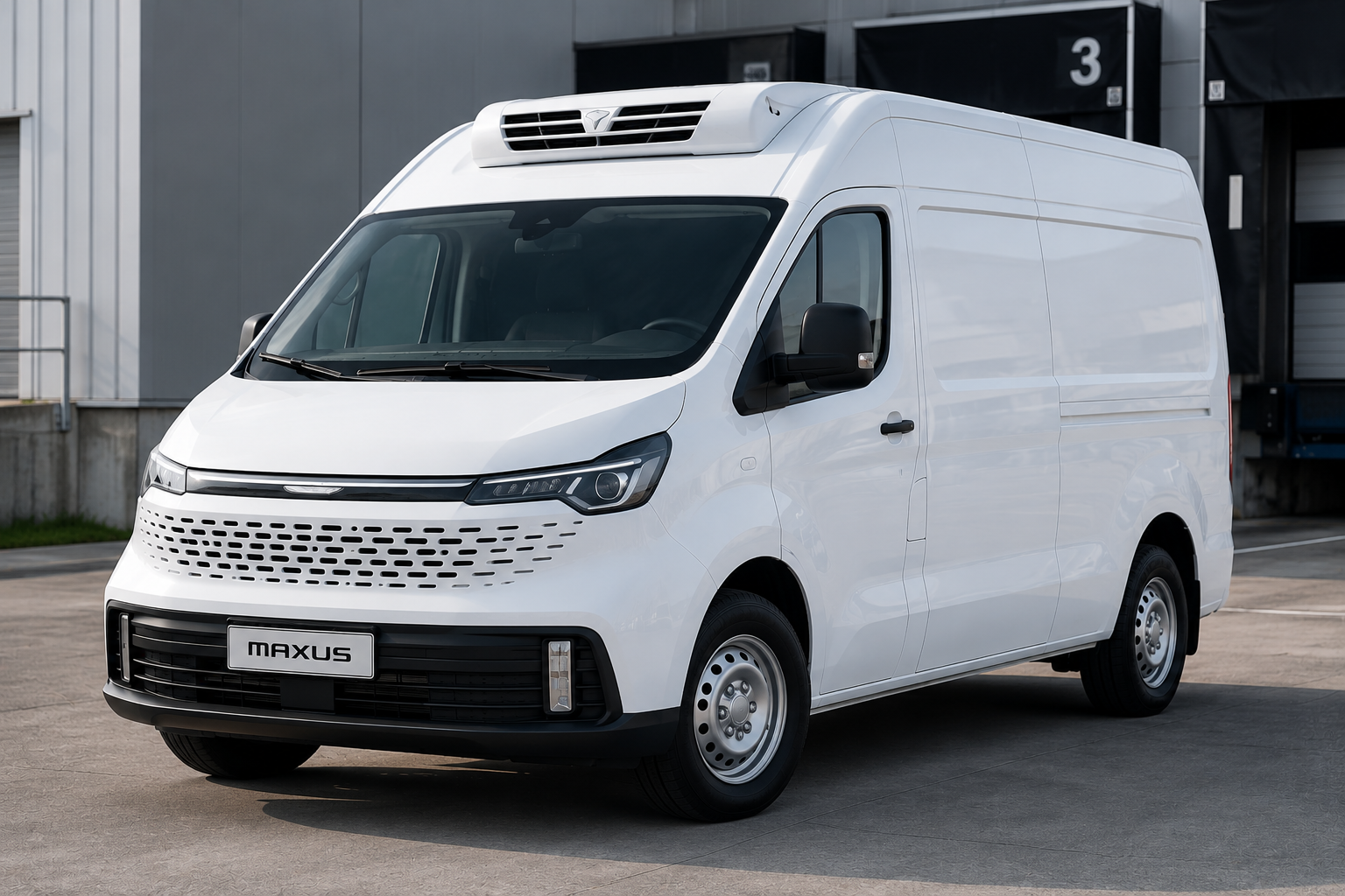 Maxus Deliver 7 Refrigerated Van，白色冷藏厢式货车，停在工业装卸区
