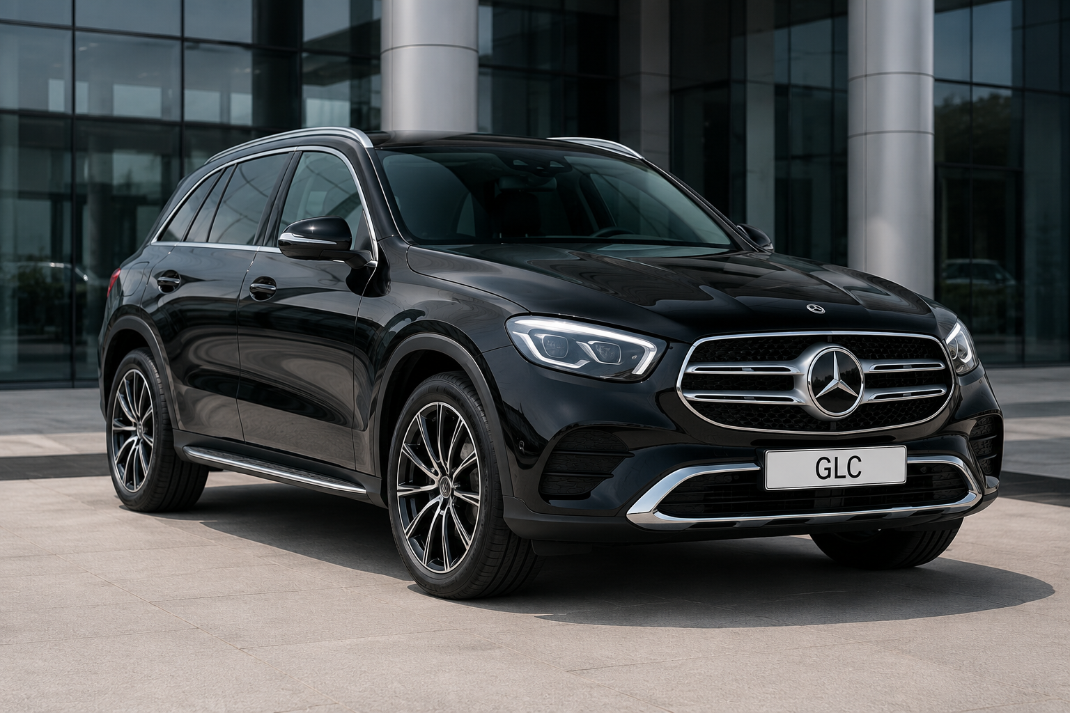 Mercedes-Benz GLC 250 Business Line，黑色豪华 SUV，停在现代玻璃建筑前
